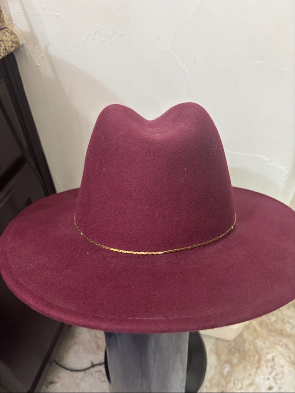 Anthropologie Burgundy Wide-Brim Felt Fedora with Gold Accent